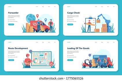 Forwarder web banner or landing page set. Loader in uniform delivering a cargo. Delivery man holding box. Transportation service concept. Isolated flat illustration vector