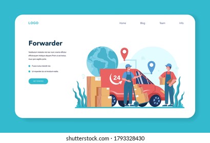 Forwarder web banner or landing page. Loader in uniform delivering a cargo. Delivery man holding box. Transportation service concept. Isolated flat illustration vector