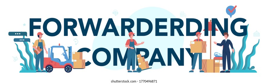 Forwardering company typographic header concept. Loader in uniform delivering a cargo. Delivery man holding box. Transportation service concept. Isolated flat illustration vector
