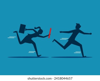 Forwarding business work. Businessman passes the baton to a colleague while running