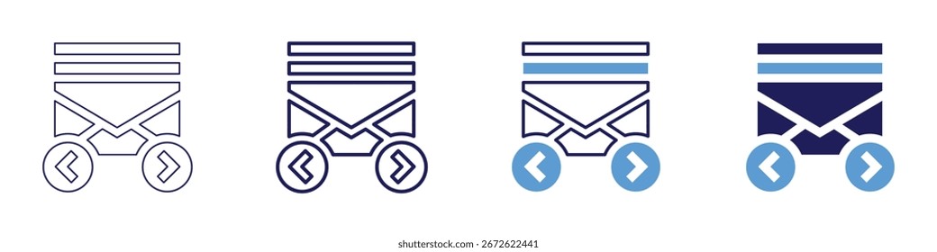 Ícone de encaminhamento de e-mail em 4 estilos diferentes. Linha Fina, Linha, Linha Negrito, Duotônico. Estilo duotônico. Traçado editável.