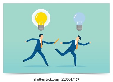 Forwarding ideas to teammates, passing on success, business competition, bright light bulb, path to victory, Vector illustration design concept in flat style