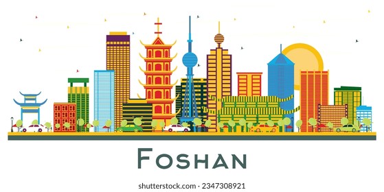 Foshan China city Skyline with Color Buildings isolated on white. Vector Illustration. Business Travel and Tourism Concept with Modern Architecture. Foshan Cityscape with Landmarks.