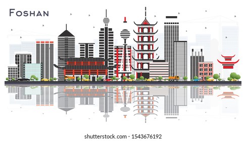 Foshan China City Skyline with Gray Buildings and Reflections Isolated on White. Vector Illustration. Business Travel and Tourism Concept with Modern Architecture. Foshan Cityscape with Landmarks. 
