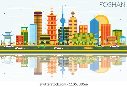 Foshan China Skyline with Color Buildings, Blue Sky and Reflections. Vector Illustration. Business Travel and Tourism Concept with Modern Architecture. Foshan Cityscape with Landmarks.