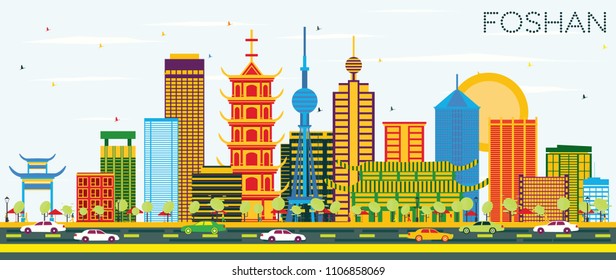 Foshan China Skyline with Color Buildings and Blue Sky. Vector Illustration. Business Travel and Tourism Concept with Modern Architecture. Foshan Cityscape with Landmarks.