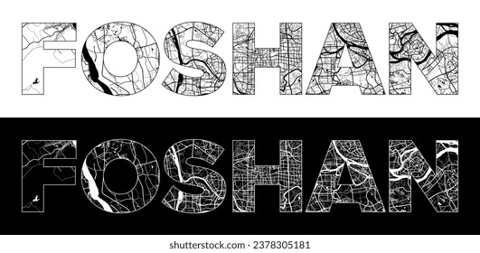 Foshan City Name (China, Asia) with black white city map illustration vector