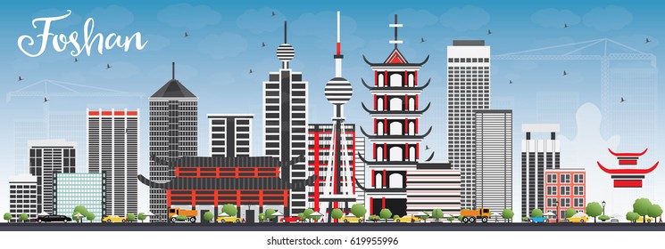 Foshan Skyline with Gray Buildings and Blue Sky. Vector Illustration. Business Travel and Tourism Concept with Modern Architecture. Image for Presentation Banner Placard and Web Site.