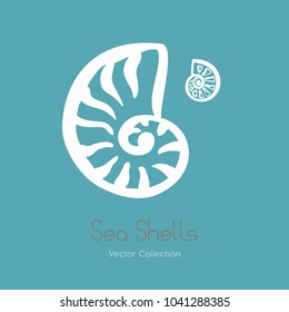 Fossil ammonite nautilus seashell vector logo set. Isolated vector of  seashells, ancient ammonite fossil logo, card. Hand drawn illustration spa salon, seafood cafe, restaurant, corporate identity.