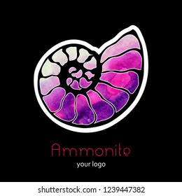 Fossil ammonite nautilus seashell vector logo. Pink hand drawn watercolor illustration for spa salon, seafood cafe, restaurant, corporate identity. Isolated vector of rainbow ancient ammonite fossil.