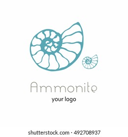 Fossil ammonite nautilus seashell vector logo. Hand drawn illustration for spa salon, seafood cafe, restaurant, corporate identity. Isolated vector of ancient ammonite fossil. Object for logo, card.