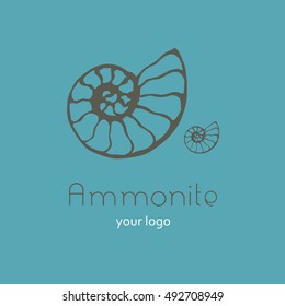 Fossil ammonite nautilus seashell vector logo. Hand drawn illustration for  spa salon, seafood cafe, restaurant, corporate identity. Isolated vector of ancient ammonite fossil. Object for logo, card.