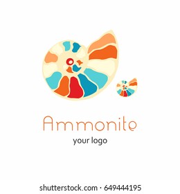 Fossil ammonite nautilus seashell vector logo. Hand drawn illustration for  spa salon, seafood cafe, restaurant, corporate identity. Isolated vector of ancient ammonite fossil. Object for logo, card.