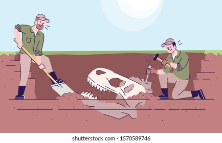 Fossil animal excavations flat vector illustration. Paleontological observations. Archeological expedition working process. Earth evolution study. Two men digging dinosaur skull cartoon characters