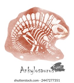 Fossil of Ankylosaurus dinosaur in rock . Watercolor paint design . Vector .