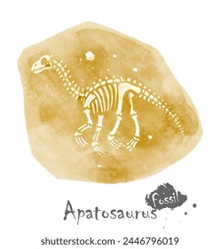 Fossil of Apatosaurus dinosaur in rock . Watercolor paint design . Vector .