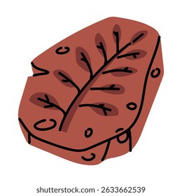 fossil is branch of plant in stone. Vulcanization. Paleontology of nature and animals. Flat color illustration. For scientific projects, encyclopedias, museum exhibitions, materials about dinosaurs.