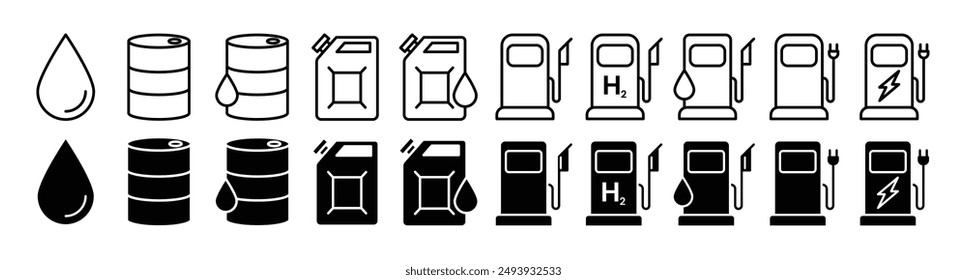 Fossile Dieselkraftstoffpumpe Vektorgrafik Icon Set. Petroleum Auto Benzinzeichen. Tankstellen Symbol Kollektion 