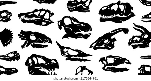 Fossil dino pattern. Seamless Dinosaur vector background. Paleontology silhouette print. Fossil pattern of skeleton skull. Diplodocus Velociraptor Pterodactyl Spinosaurus Ichthyosaur Tyrannosaurus Rex