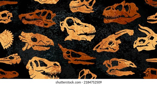 Fossil Dinosaur Pattern. Seamless Dino Vector Background. Paleontology Print. Fossil Pattern Of Skeleton. Skull Footprint. Texture Silhouette Of Prehistoric Animals. Dinosaur Bone For Textile Seamless