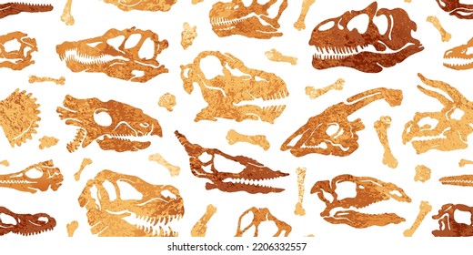 Fossil Dinosaur Pattern. Seamless Dino Vector Background. Paleontology Print. Fossil Pattern Of Skeleton. Skull Footprint. Texture Silhouette Of Prehistoric Animals. Dinosaur Bone For Textile Seamless