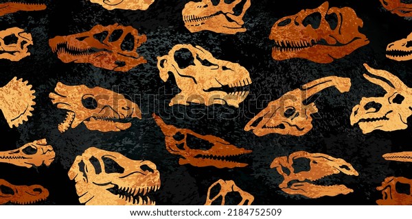 Fossil Dinosaur pattern. Seamless dino vector\
background. Paleontology print. Fossil pattern of skeleton. Skull\
footprint. Texture silhouette of prehistoric animals. Dinosaur bone\
for textile seamless