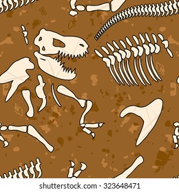 Fossil dinosaur seamless pattern. Bones of Tyrannosaurus vector background. Ancient animal predator Mesozoic period. Ornament of archaeological excavations. Prehistoric monster