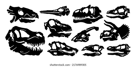 Silhouette de dinosaurios fósiles. Calavera de Dino con dientes. Gráfica de impresión de esqueletos óseos. Antiguo depredador muerto. Dinosaur Diplodocus Velociraptor Stegosaurus Triceratops Allosaurus Parasaurolophus Tyrannosaurus