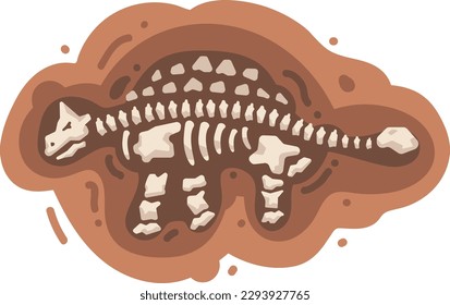 Fossil dinosaur skeleton in brown mud. Vector illustration isolated on white background.