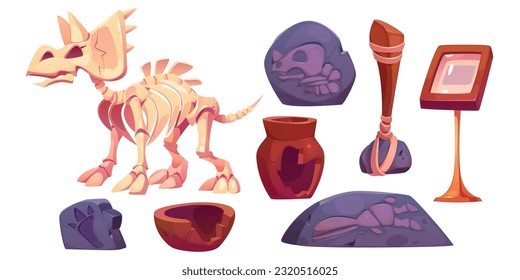 Fossil dinosaur skeleton for museum vector cartoon icon set. Stone footprint, triceratops bone and skull isolated on background. Dig ancient jurassic archaeologist discovery exhibit with broken vase svg