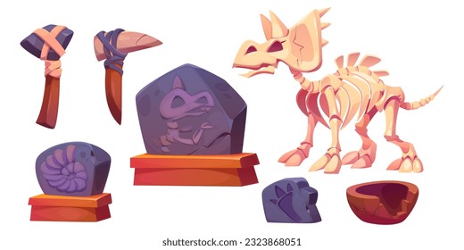 Fossil dinosaur skeleton for museum vector cartoon icon set. Stone footprint, triceratops bone and skull isolated on background. Dig ancient jurassic archaeologist discovery exhibit with broken vase