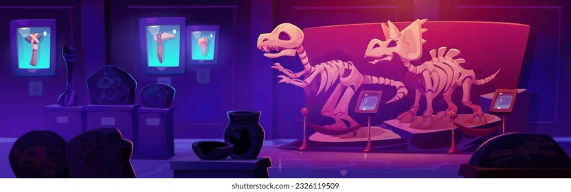 Fossil dinosaur skeleton in night history museum cartoon illustration. Jurassic dino bone and rex footprint exhibit on pedestal in gallery. Triceratops and tyrannosaurus prehistoric discovery