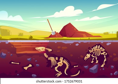 Fossil dinosaurs excavation, paleontology and archeology works. Vector cartoon illustration of landscape with pill of soil, shovel, buried skeletons of prehistoric reptiles underground