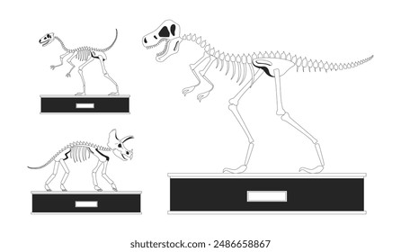 Fossil dinosaurs exhibition black and white 2D line cartoon objects set. Dino bones skeletons isolated vector outline items collection. Museum exhibits monochromatic flat spot illustrations