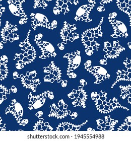 Fossil dinosaurs white and blue seamless pattern vector. Cartoon dino motley monochrome endless texture. Hand drawn prehistoric reptiles vibrant pattern. Perfect for textile, home decor, apparel, etc