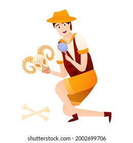 Fossil discovery, man archaeologist holding skeleton in cartoon style isolated on white background, animal skull
