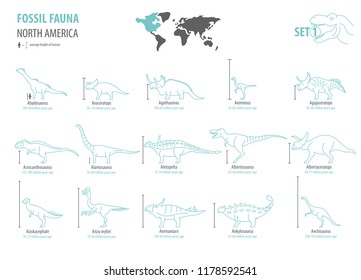 Fossil fauna of North America. Extinct dinosaurs Cretaceous period, Jurassic period. Simple line design vector icon set