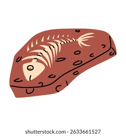 fossil of fish bones in stone. Vulcanization. Paleontology of nature and animals. Flat color illustration. For scientific projects, encyclopedias, museum exhibitions, and materials about dinosaurs.