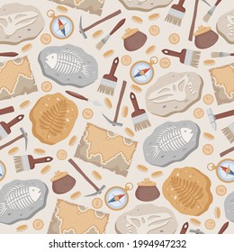 Fossil fish and dinosaurs skeletons and plants, maps, compass, coins, brushes, and archeology tools vector flat seamless pattern. Stone sections with bones and prehistoric herbs on beige background.