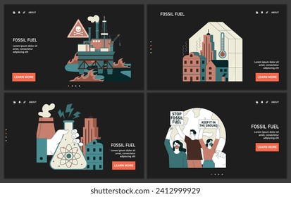 Fossil fuel dark or night mode web or landing set. Fossil resources extraction and its impact on climate change. Reliance on non-renewable energy sources. Earth depletion. Flat vector illustration