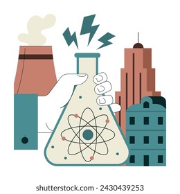 Combustible fósil. Integración de la energía atómica o nuclear en las ciudades modernas. Generación de energía renovable en un reactor nuclear. Ilustración vectorial plana