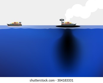 Fossil fuel leaks from a ship into blue ocean, sea environment crisis concept
