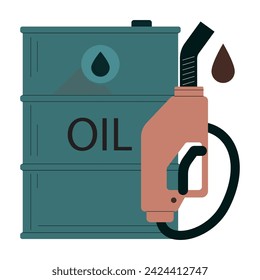 Fossile Brennstoffe. Ölindustrie, Förderung fossiler Rohstoffe. Kraftstoffspender mit einer Tropfdüse gegen ein großes Ölfass. Flache Vektordarstellung