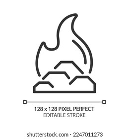 Icono lineal perfecto de píxel de combustible fósil. Material hidrocarbónico utilizado para calentar. Combustible con motores de encendido. Generación de energía. Ilustración de línea delgada. Símbolo de contorno. Dibujo del contorno del vector. Trazo editable