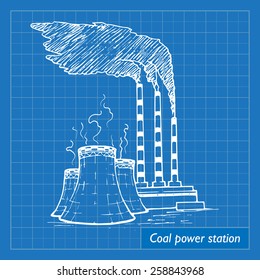 A fossil fuel power station as an example of inefficient and environment damaging technology. EPS10 vector illustration imitating blueprint style scribbling with white marker.