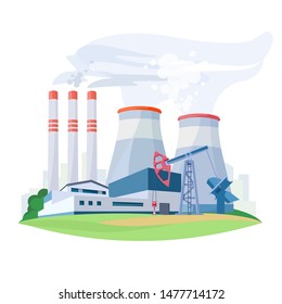 Fossil fuel power station factory with environmental pollution pipes. Oil production plant. Vector