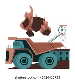 Fossil fuel. Fossil resources extraction. Earth raw materials depletion. Mining dump truck transporting flaming coal. Flat vector illustration