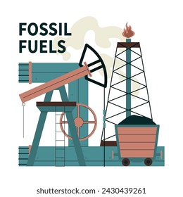 Combustible fósil. Proceso de extracción de recursos fósiles. Agotamiento de las materias primas terrestres. Camión petrolífero y de extracción, carbón y gas. Ilustración vectorial plana