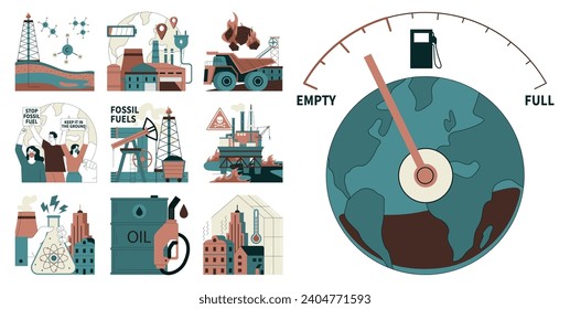 Fossil fuel set. Fossil resources extraction and its impact on climate change. Reliance on non-renewable energy sources. Earth raw materials depletion. Flat vector illustration