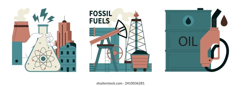 Fossiler Kraftstoffsatz. Gewinnung fossiler Ressourcen und ihre Auswirkungen auf den Klimawandel. Nutzung nicht erneuerbarer Energiequellen. Abbau der Bodenrohstoffe. Flache Vektorgrafik